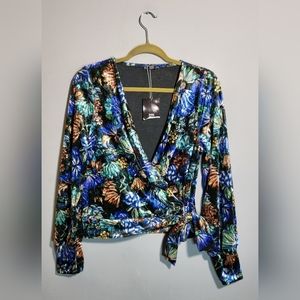ZARA Plush Floral Top | Crushed Velvet |Faux Wrap | Cropped | size S